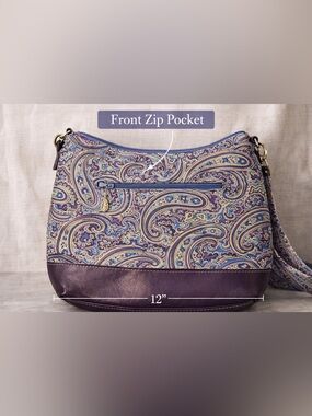 Handmade Paisley Crossbody Bag | Purple Blue Boho Purse | Front Zip pocket